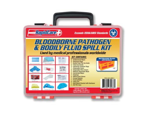 Rapid Care First Aid 839-LGBBK-1 Premium Bloodborne Pathogen & Bodily Fluid Spill Clean Up Kit, OSHA Compliant, Wall Mountable, 10″ x 8″ x 3.5″,Red/Clear