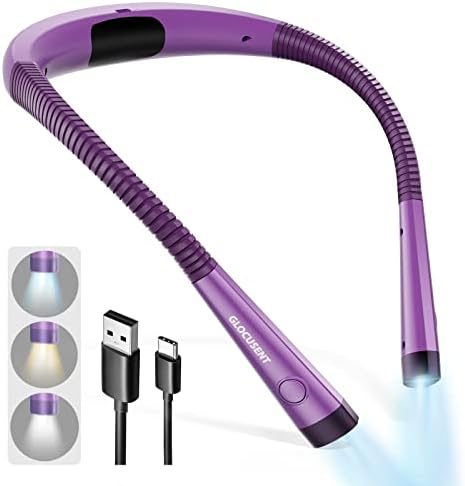 Glocusent LED Neck Reading Light, Book Light for Reading in Bed, 3 Colors, 6 Brightness Levels, Bendable Arms, Rechargeable, Long Lasting, Perfect for Reading, Knitting, Camping, Repairing