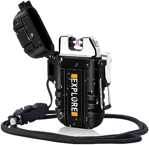 LcFun Waterproof Lighter Outdoor Windproof Dual Arc Electric Lighters USB Rechargeable-Flameless-Plasma Cool Lighters for Camping, Hiking, Adventure, Survival Tactical Gear (Black)
