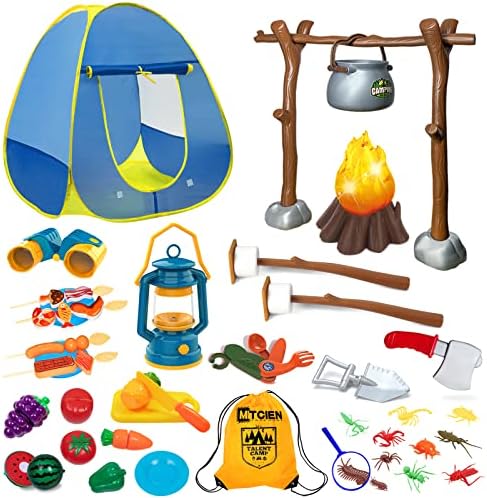 MITCIEN Kids Camping Set with Campfire, Play Tent , Binoculars, Oil Lantern, Toddlers Pretend Cutting Fruits, Marshmallow, Camping Toys Play Set for Boys Girls 3-5 Year Old and Up Indoor Outdoor Toys