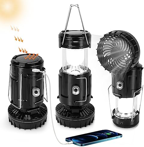 2023 Upgrade Solar Powered Camping Lantern with Fan, Flashlights Charging for Phone, USB Rechargeable & Repalceable Battery Collapsible & Portable for Emergency, Hurricanes, Power Outage, Storm
