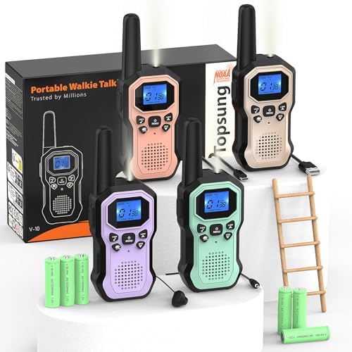 Topsung Two-Way Radios for Adults Long Range Walkie Talkies for Kids Rechargeable 4 Pack, Camping Hiking Equipments with Earpiece and Mic Set,USB-C,Lamp,iVOX,NOAA,SOS,Drop Protection,Clear Sound