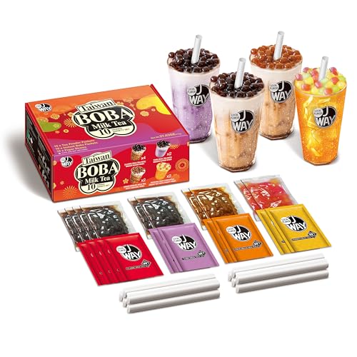J WAY Instant Boba Bubble Pearl Variety Milk Fruity Tea Kit with Authentic Brown Sugar Caramel Tapioca Boba, Ready in Under One Minute, Paper Straws Included – Gift Box – 10 Servings