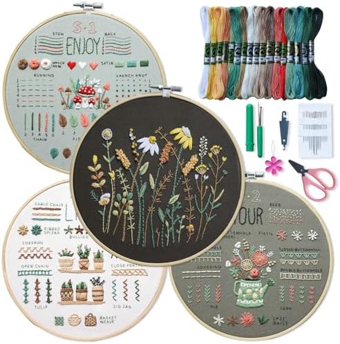 ETSPIL 4 Sets Embroidery Kit for Beginners ,Plant Kits for Adults Learn 33 Different Stitches,Includes Stamped Pattern, Easy to Follow Instruction & Video (Flower D4)