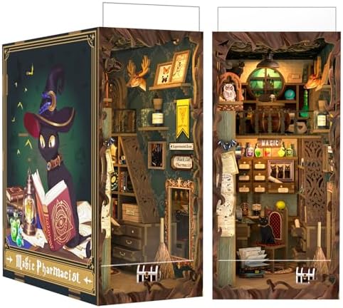 CUTEBEE DIY Book Nook Kit with Dust Proof, Bookshelf Insert DIY Miniature Kit Booknook Bookend Stand Bookcase Model Build Creativity Kit Decor Alley with LED Light (Magic Pharmacist)