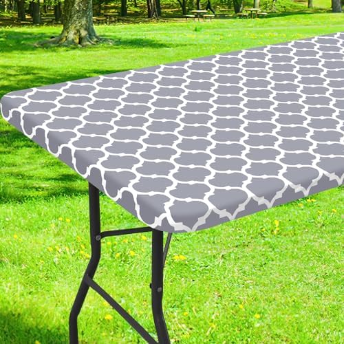 smiry Rectangle Picnic Tablecloth, Waterproof Elastic Fitted Table Covers for 6 Foot Tables, Wipeable Flannel Backed Vinyl Tablecloths for Camping, Indoor, Outdoor (Grey Morocco, 30×72 Inches)