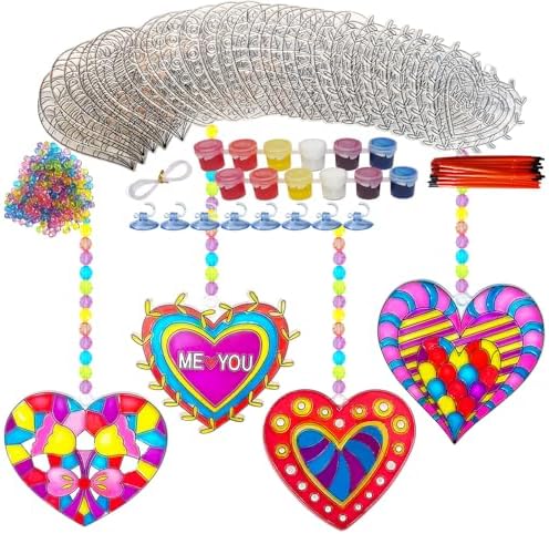 28 Sets Heart Suncatchers for Windows Valentine’s Day Suncatcher Craft Kits DIY Window Paint Art Heart Sun Catchers for Classroom Art Craft Mother’s Day Party Supplies
