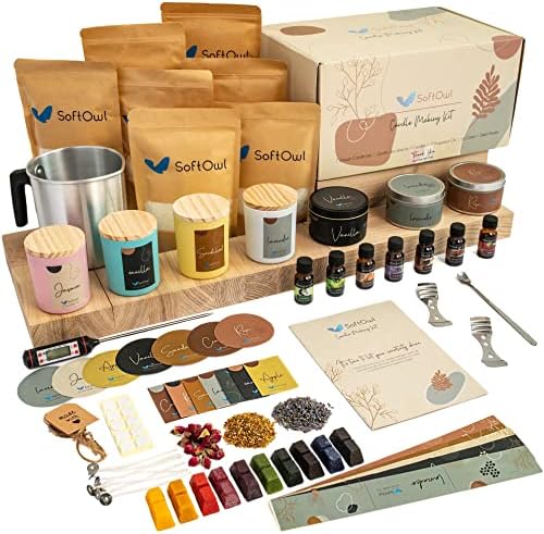 SoftOwl Premium Soy Candle Making Kit – Full Set – Soy Wax, Big 7oz Jars & Tins, 7 Pleasant Scents, Color Dyes & More – Perfect as Home Decorations – DIY Starter Scented Candles Making Kit