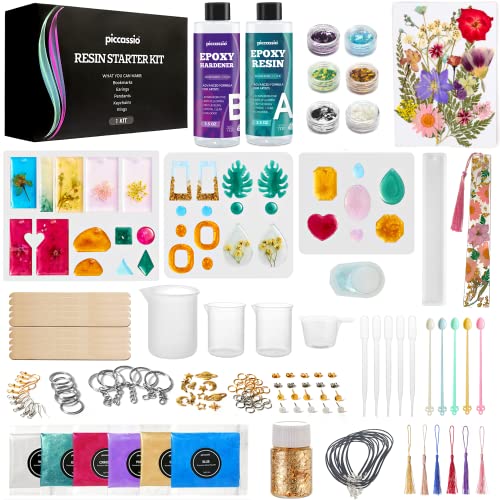 Piccassio Epoxy Resin Kit for Beginners 208 pcs – Make Jewelry, Keychains, Bookmarks with Epoxy Resin Starter Kit – Resin Kit and Molds Complete Set – Includes Molds, Dried Flowers, Mica Powder