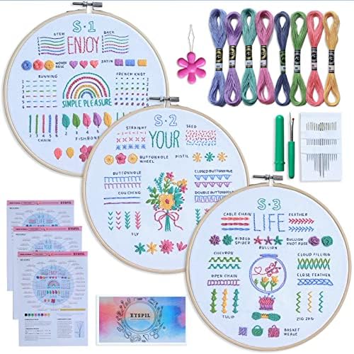 ETSPIL 3 Sets Embroidery kit for Beginners Adults,Learn 33 Different Stitches DIY Kits ,Includes Stamped Flower Pattern, Hoop, Color Threads,Tools,Easy to Follow Instruction & Video… (Simple A)