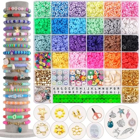 FZIIVQU 6100 Pcs Clay Beads Set for Jewelry Making – 24 Colors of Flat Heishi Beads, Polymer Clay, UV Letter Beads, and Bracelet Kit