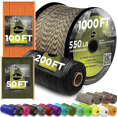 TECEUM Paracord 550 lb – Ideal for Crafting, DIY Projects, Camping, Military & Active Outdoors – 40+ Colors – Tactical Parachute Cord Type III – Strong Survival Rope