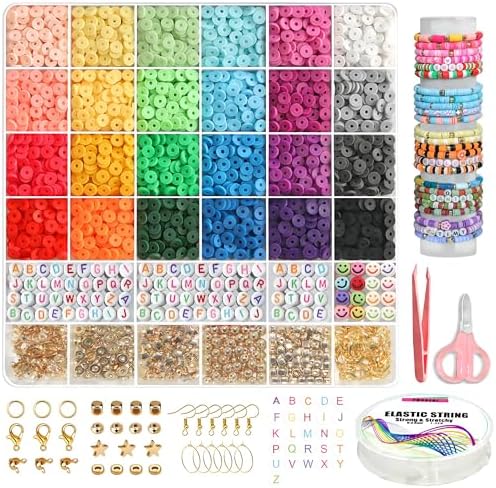 YMSDZHL 6000+PCS Clay Beads Bracelet Making Kit,24 Color DIY Flat Preppy Beads for Friendship Jewelry Making,Polymer Heishi Beads with Charms Gifts for Teen Girls Crafts for 8-12