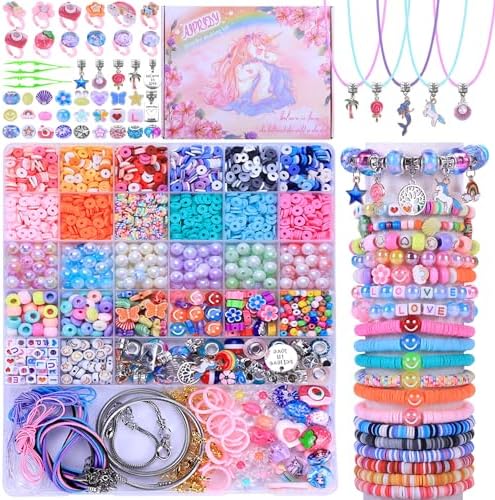 AIPRIDY 3200 Pcs Princess Jewelry Activity Kit, Clay Beads Bracelet Making Kit, Flat College Style Beading for Friendship Jewelry Making, Crystal Time Gem Ring Gifts, DIY Crafts for Teenage Girls