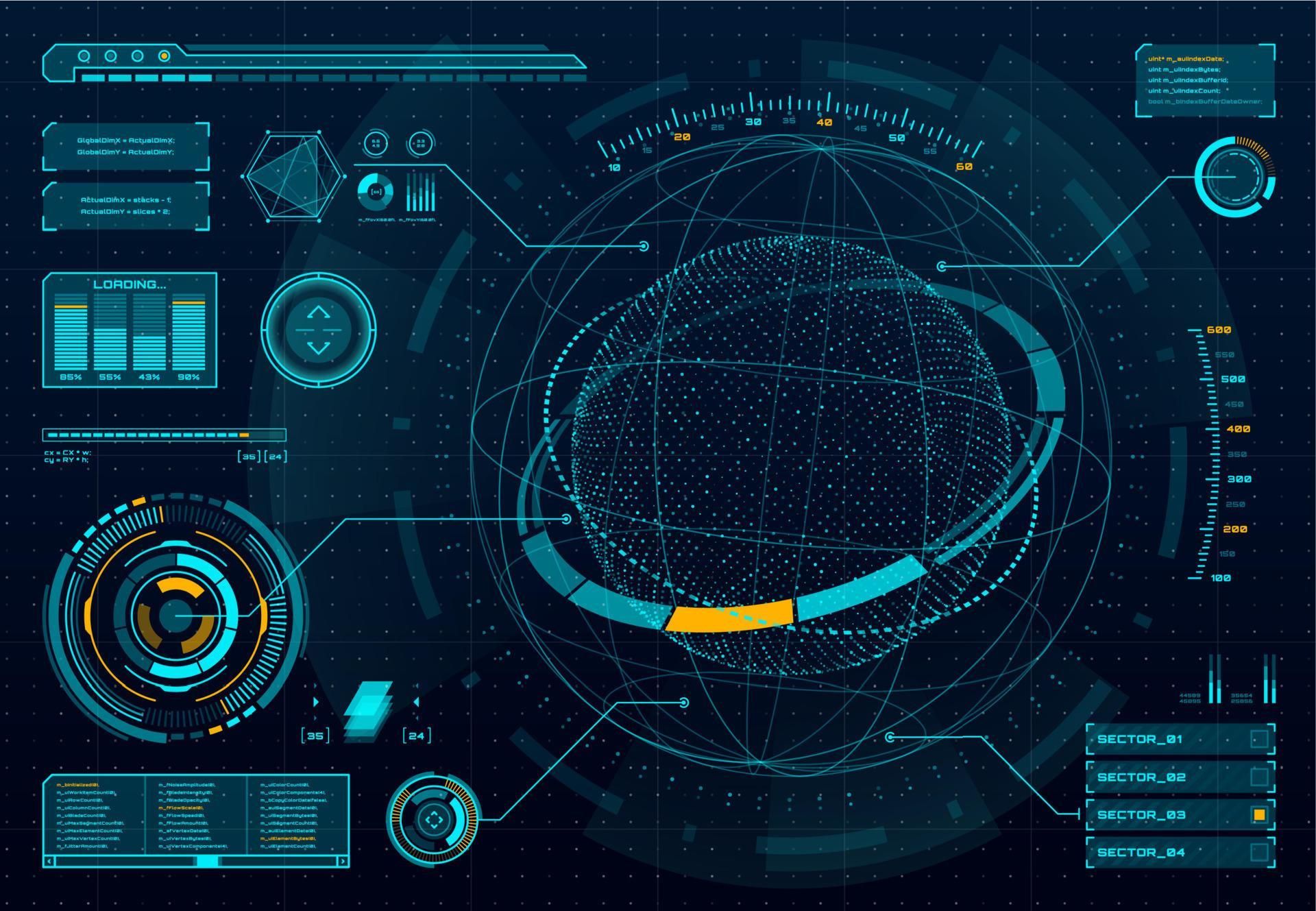 HUD infographic, dashboard panel with space sphere