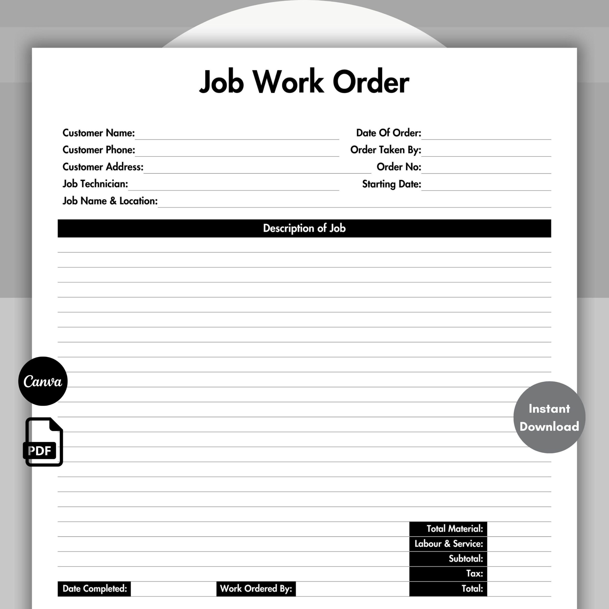 Job Work Order Form Black, Business Job Work Order Template, Job Work Order Tracking, Printable & Editable Job Service Work Order Form Canva